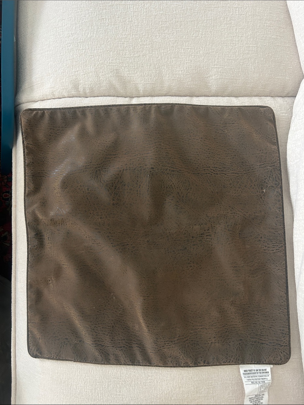 Square, double-sided. Zippered faux leather pillow cover 17” square